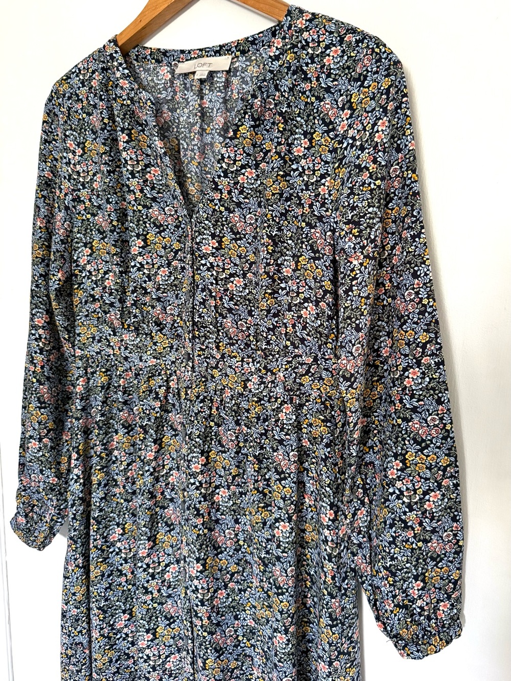 LOFT Navy Blue Floral Long-Sleeve Button Down Midi Dress - Picture 5 of 16